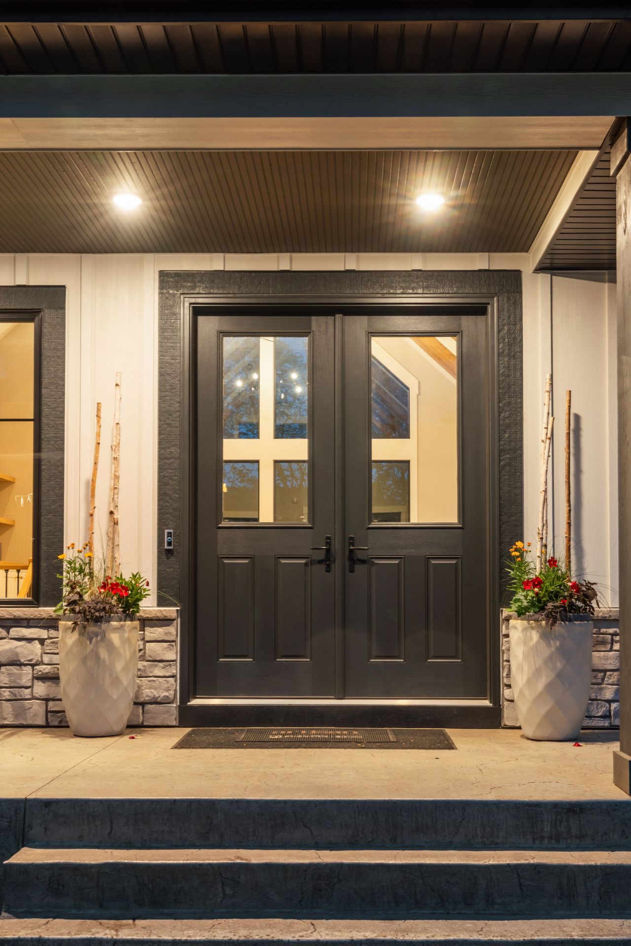 Front entry illuminated at dusk